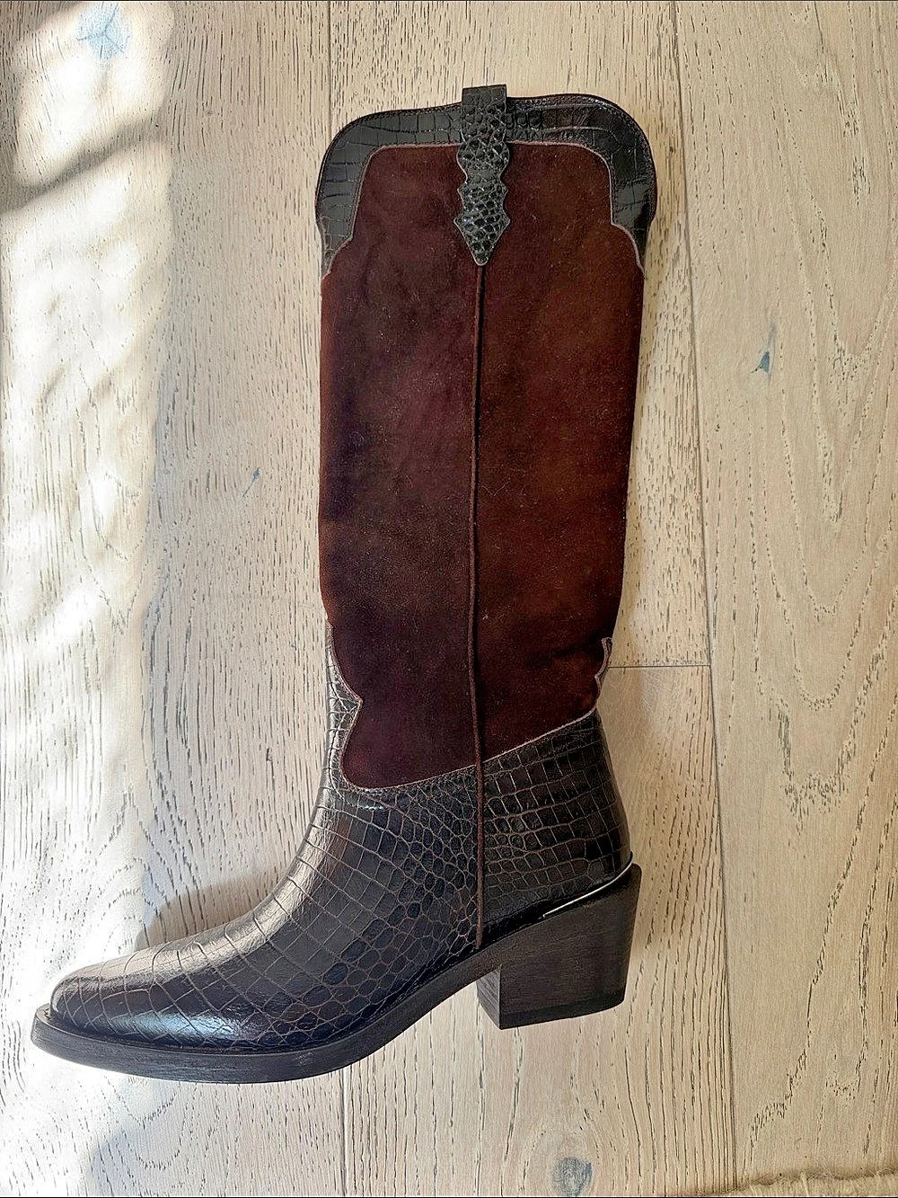 Partlow Croc-Embossed Heeled Boots in Brown